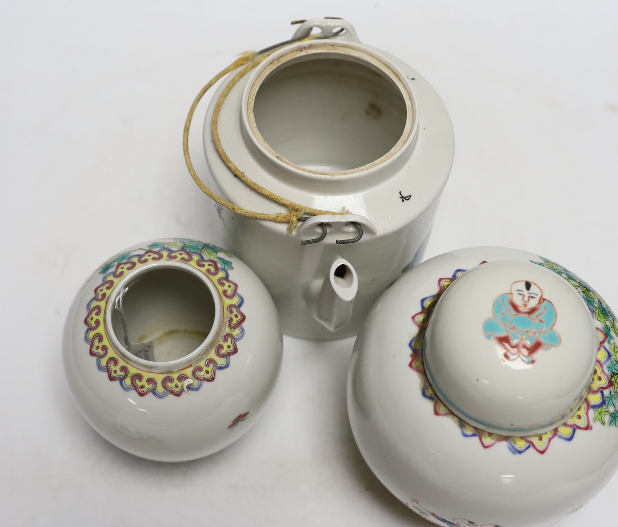 Two Chinese Imari square dishes, Kangxi, 15cm wide, two Chinese enamelled ginger jars and a teapot